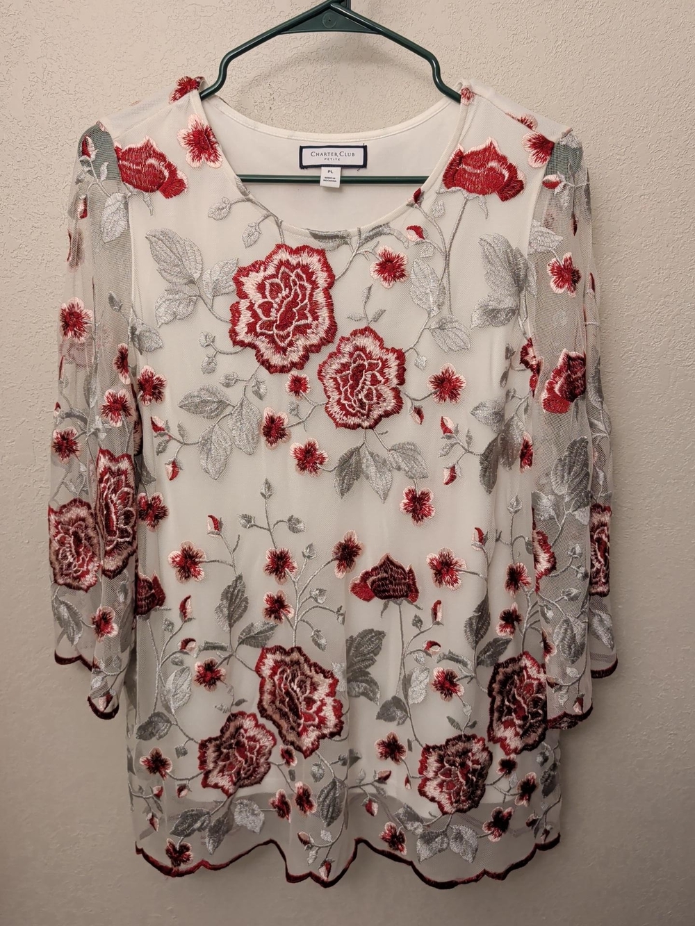 Charter Club Ivory Mesh Blouse with Red Floral & Silver Embroidery